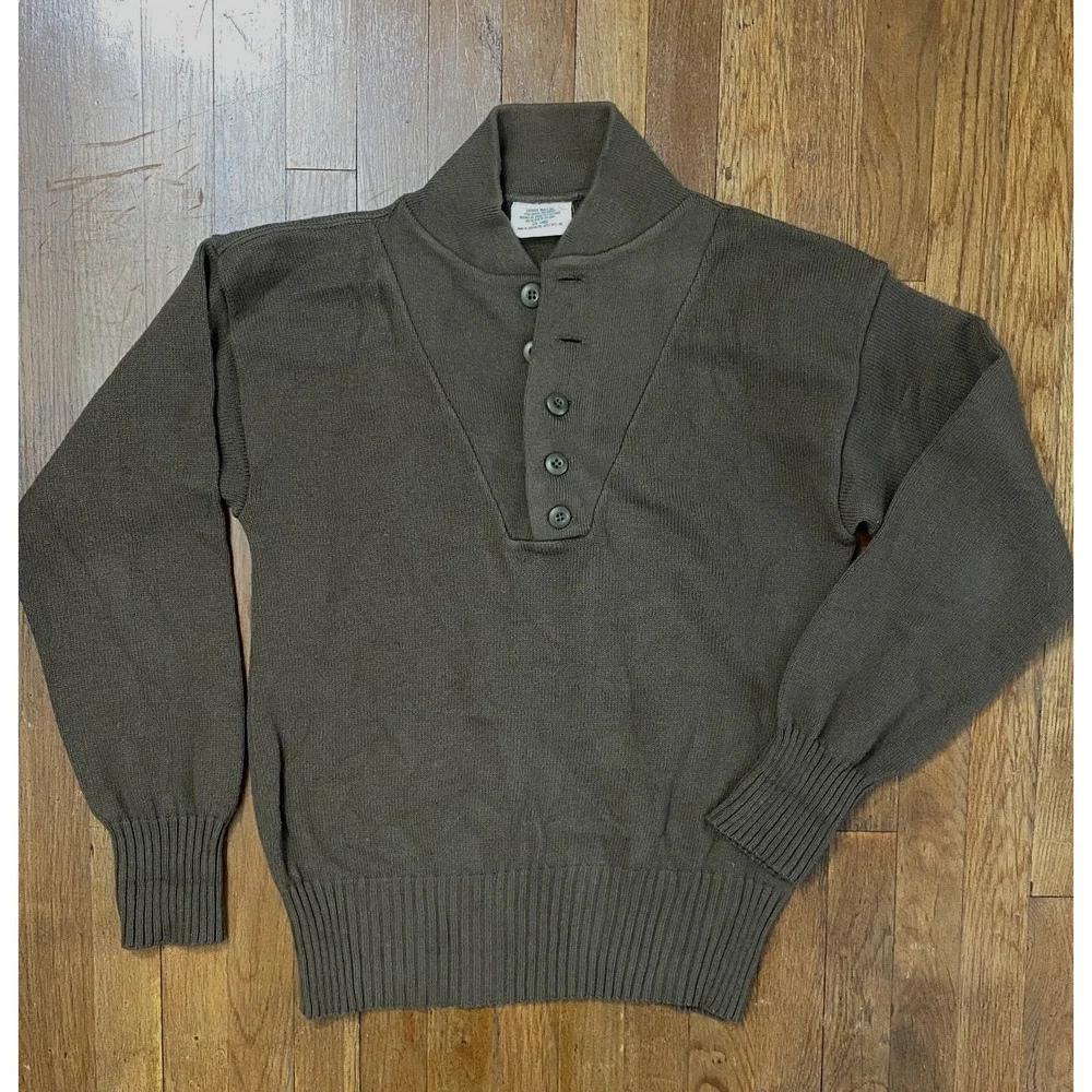 Vintage Mitt's Nitts Sweater Mens Large Brown Acrylic Henley Mock Neck Army OD